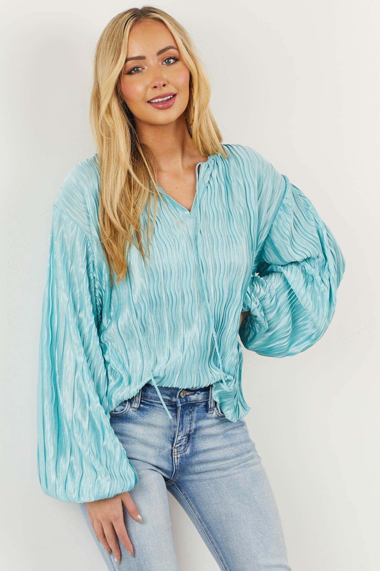 Satin Arctic Blue Long Bubble Sleeve Pleated Blouse