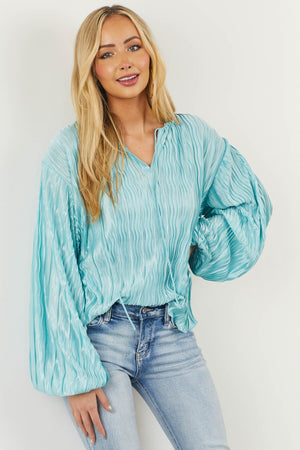 Satin Arctic Blue Long Bubble Sleeve Pleated Blouse