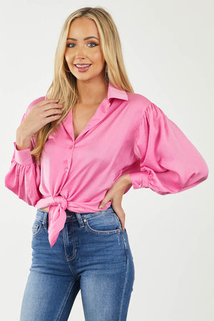 Satin Baby Pink Button Front Top with Tie Detail