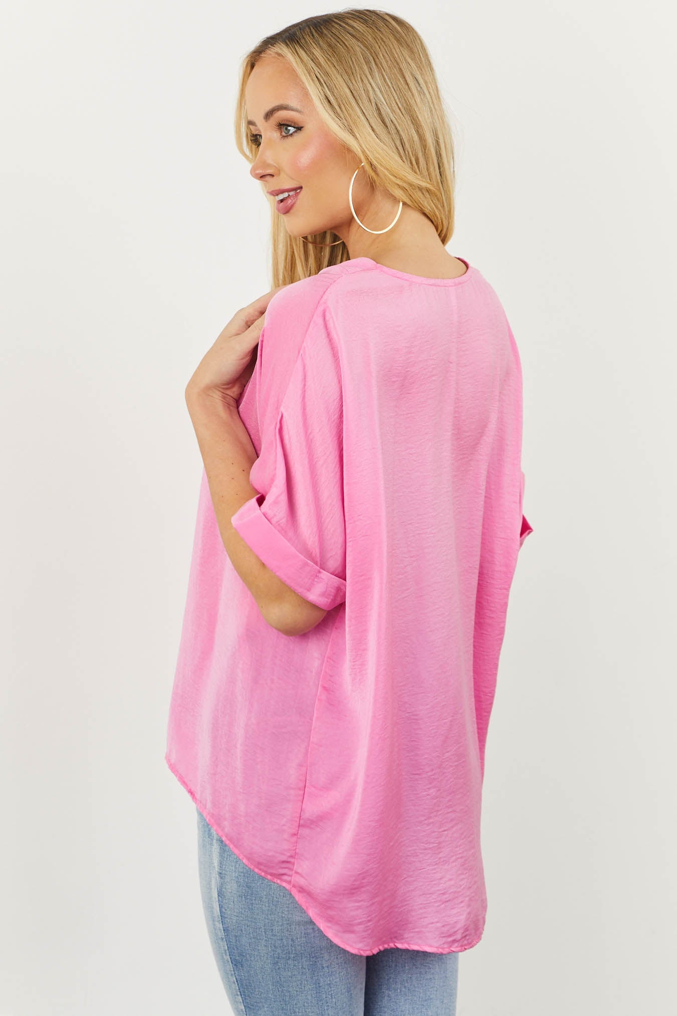Satin Baby Pink V Neck Short Sleeve Blouse