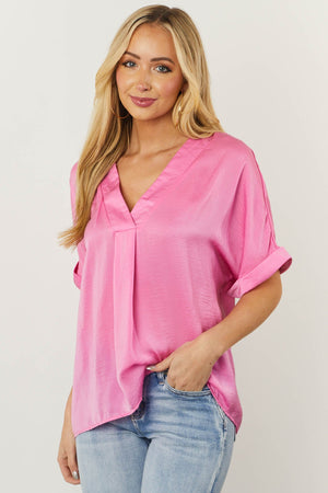 Satin Baby Pink V Neck Short Sleeve Blouse