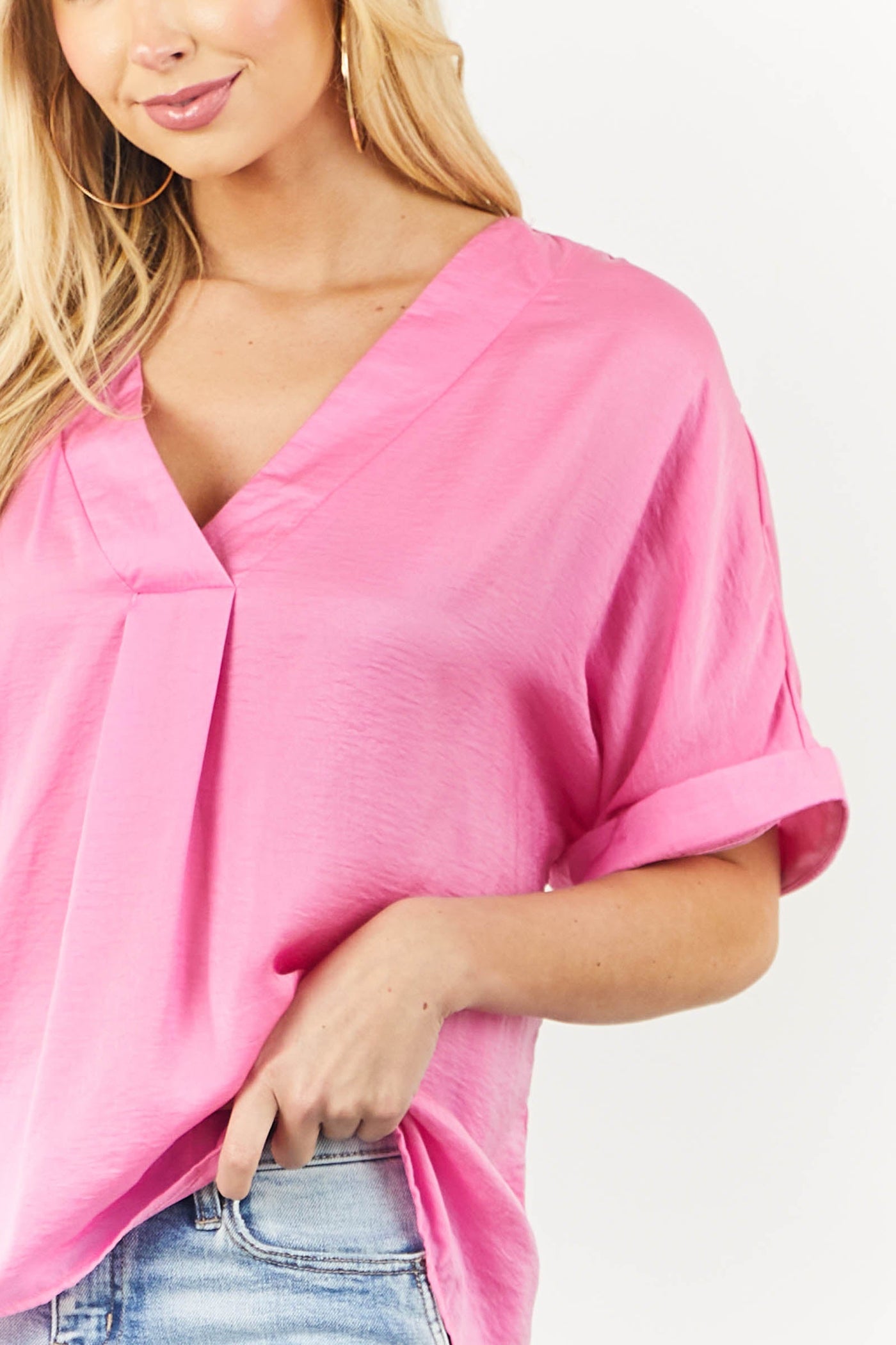 Satin Baby Pink V Neck Short Sleeve Blouse
