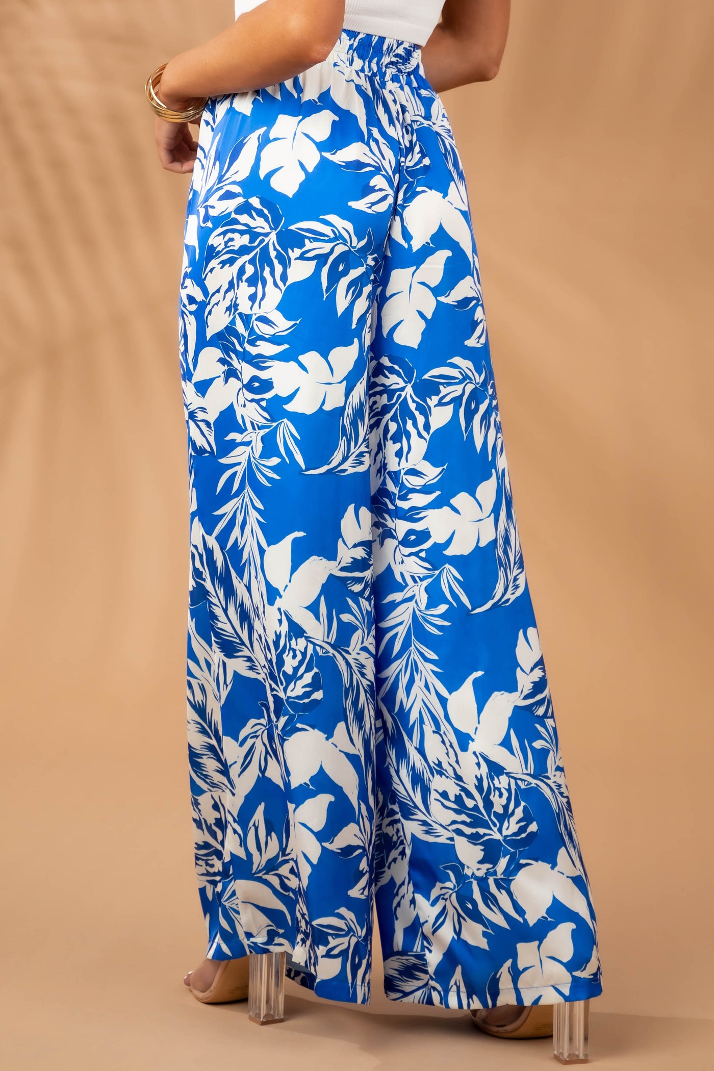 Satin Cobalt Printed Wide Leg Drawstring Pants