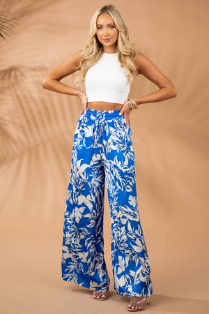 Satin Cobalt Printed Wide Leg Drawstring Pants