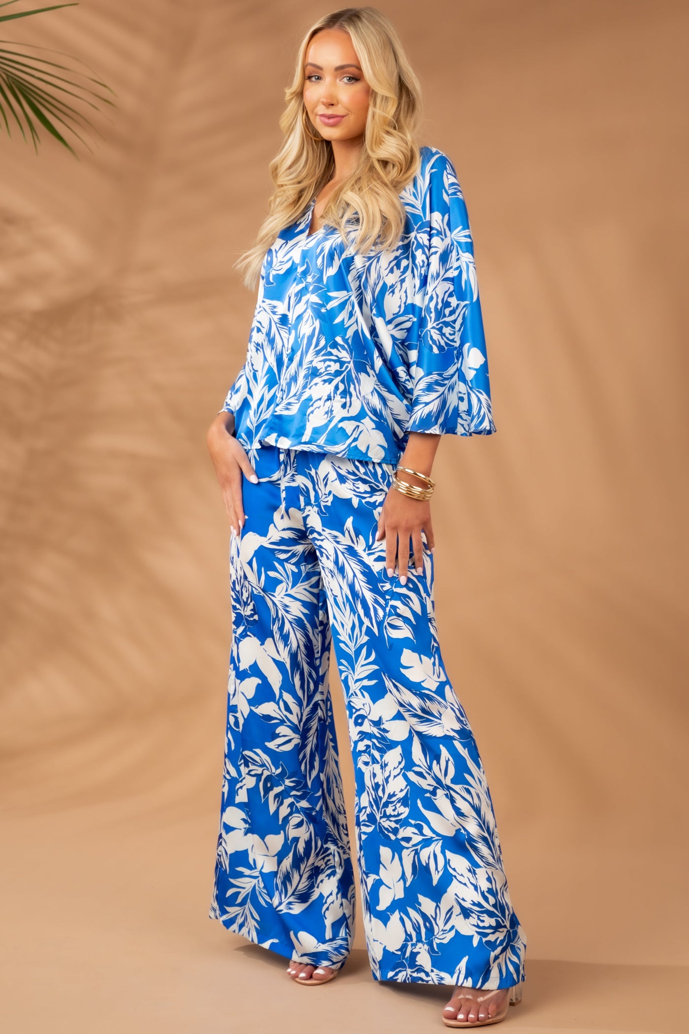 Satin Cobalt Printed Wide Leg Drawstring Pants
