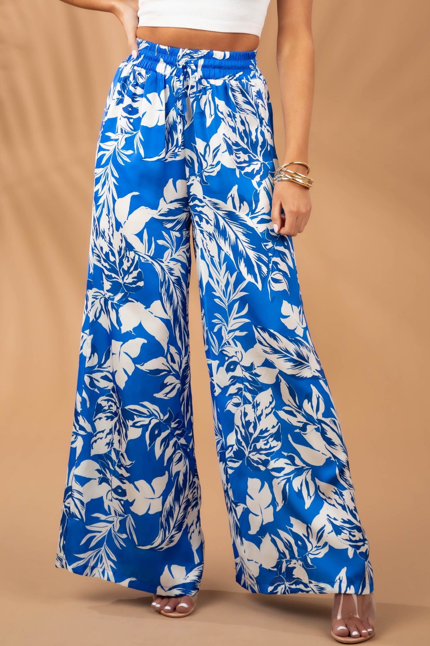 Satin Cobalt Printed Wide Leg Drawstring Pants