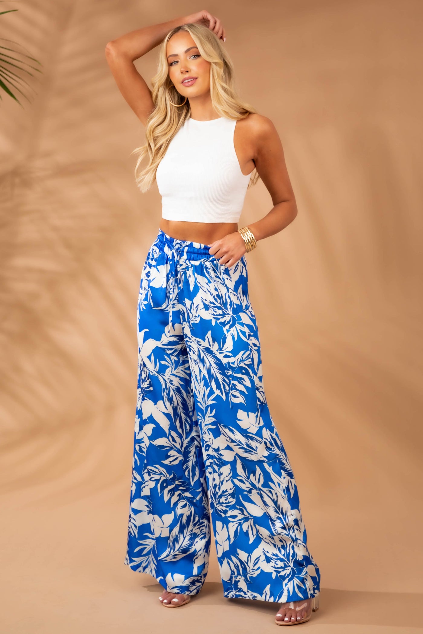Satin Cobalt Printed Wide Leg Drawstring Pants