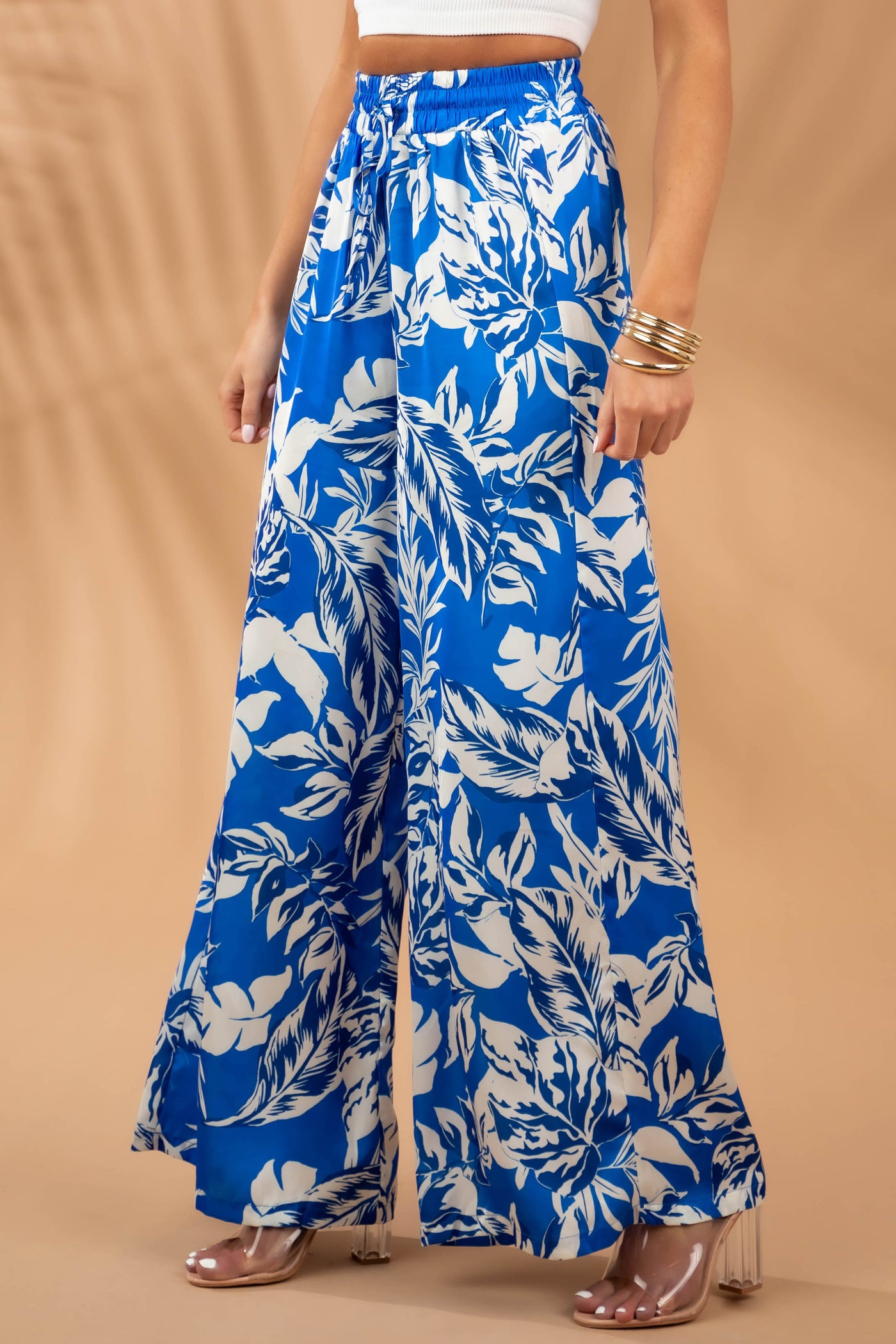 Satin Cobalt Printed Wide Leg Drawstring Pants