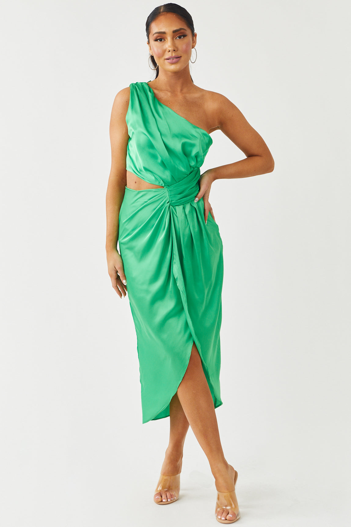 Satin Lime One Shoulder Pleated Midi Dress