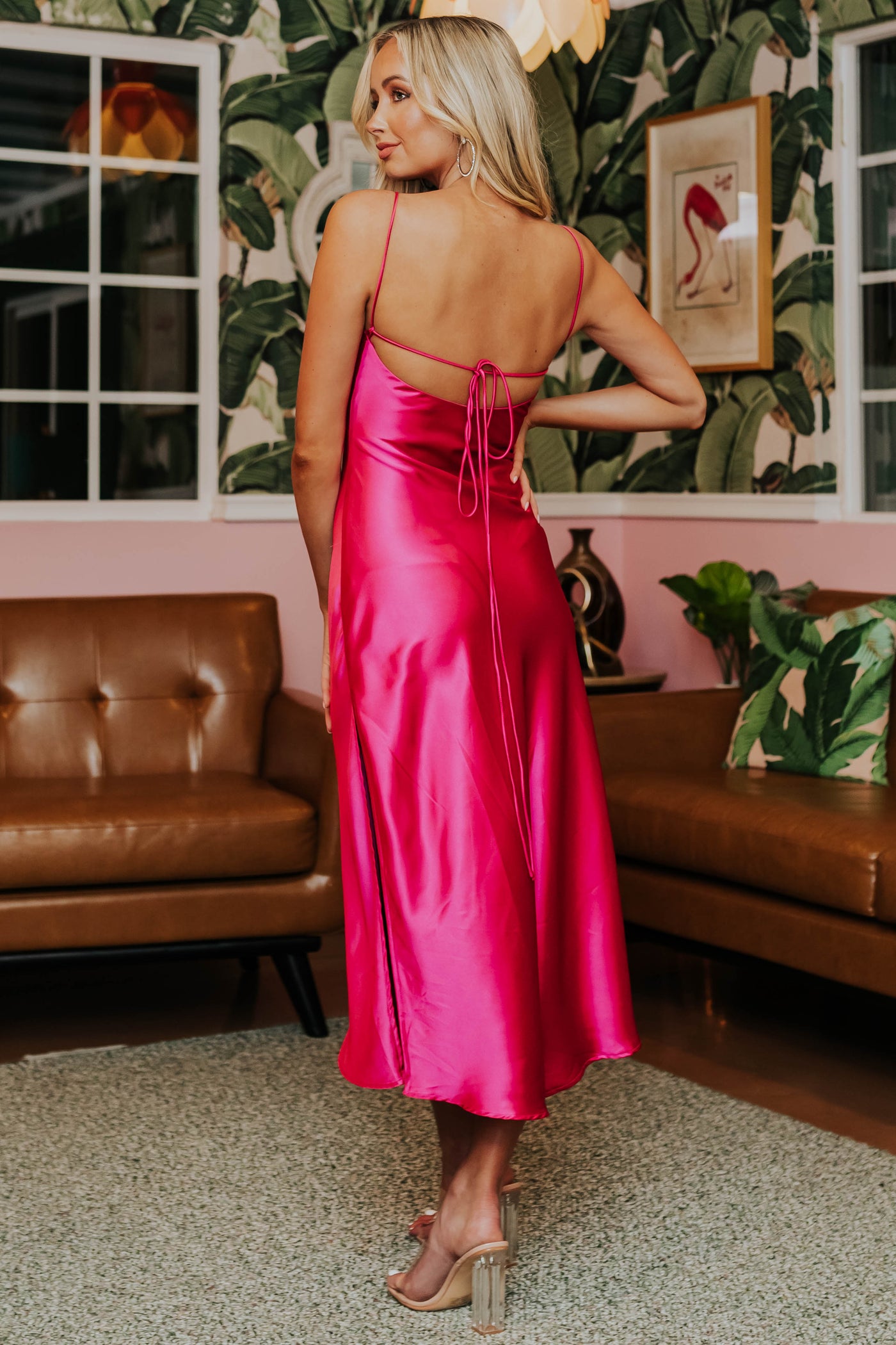Satin Magenta Strappy Open Back Side Slit Dress