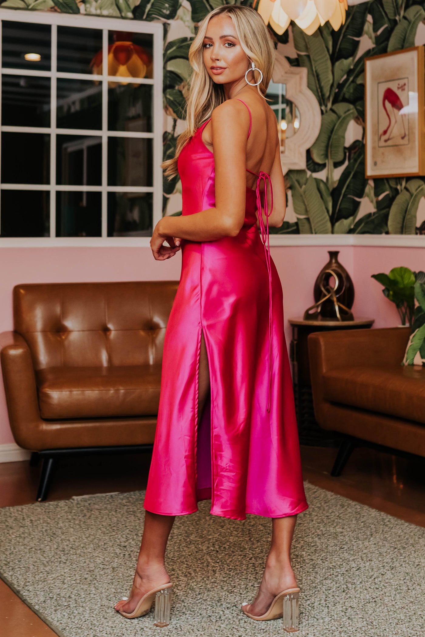 Satin Magenta Strappy Open Back Side Slit Dress
