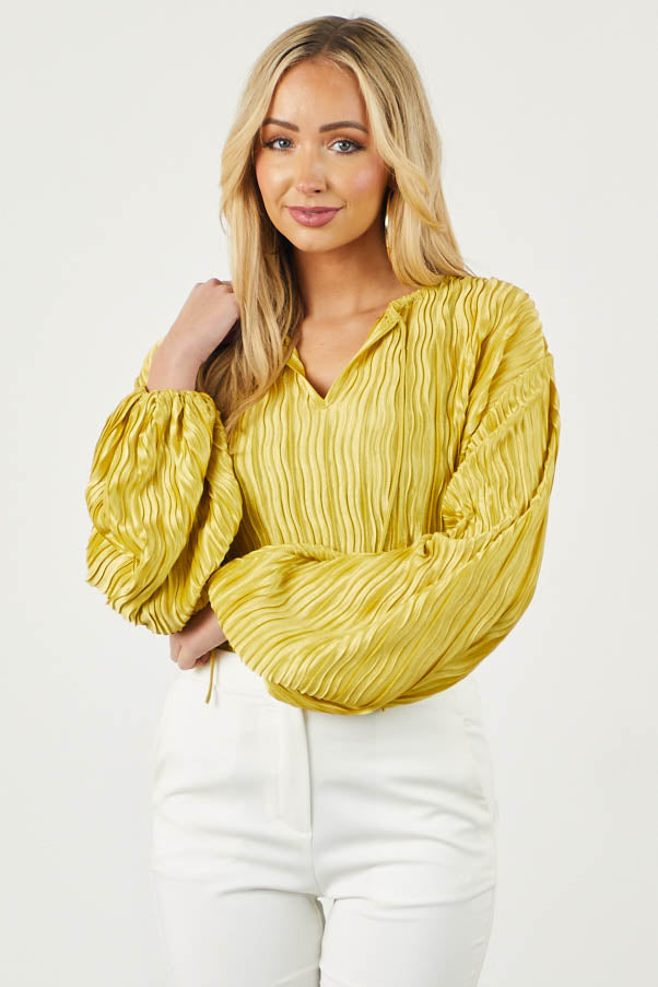Satin Marigold Long Bubble Sleeve Pleated Blouse