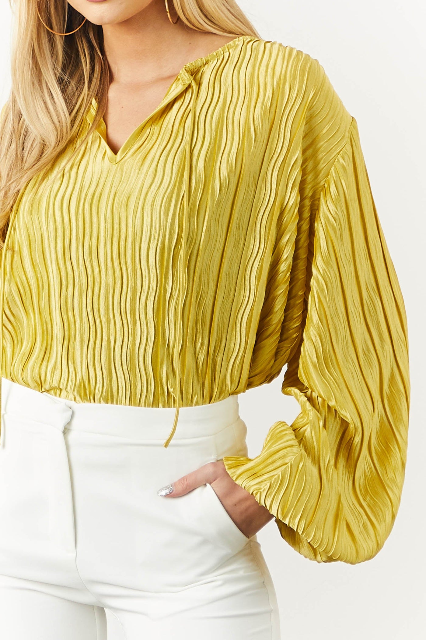 Satin Marigold Long Bubble Sleeve Pleated Blouse