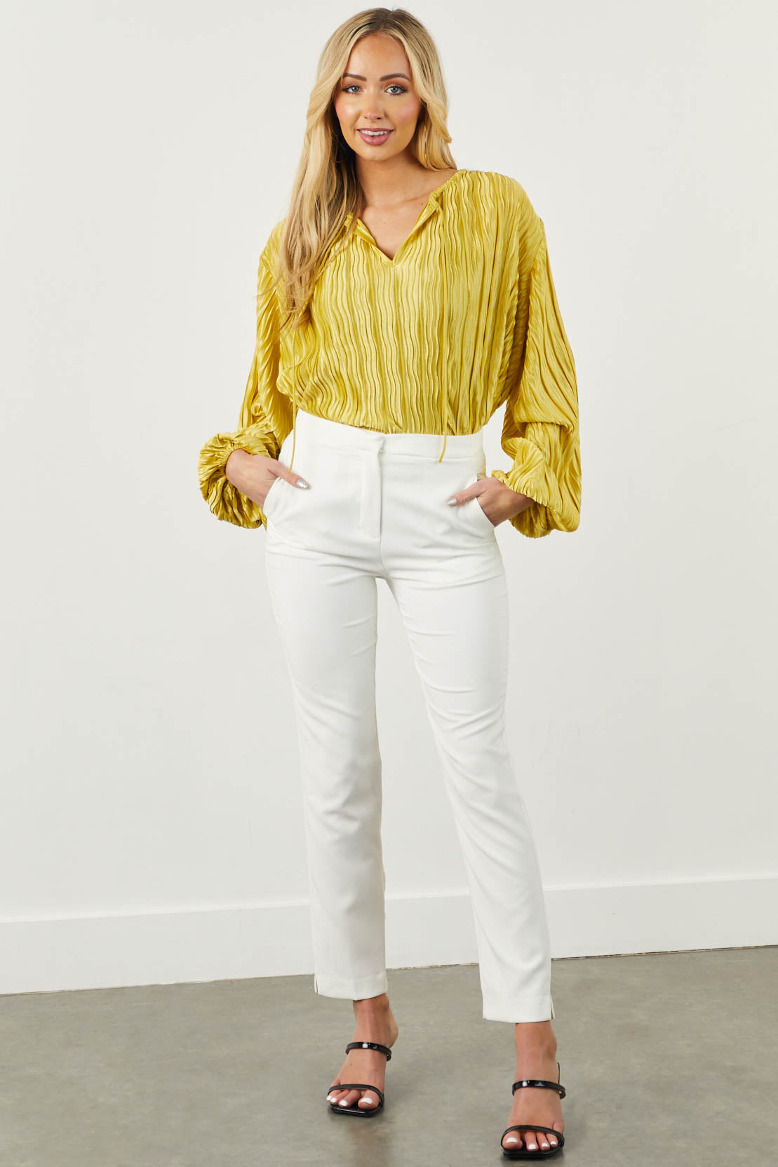 Satin Marigold Long Bubble Sleeve Pleated Blouse