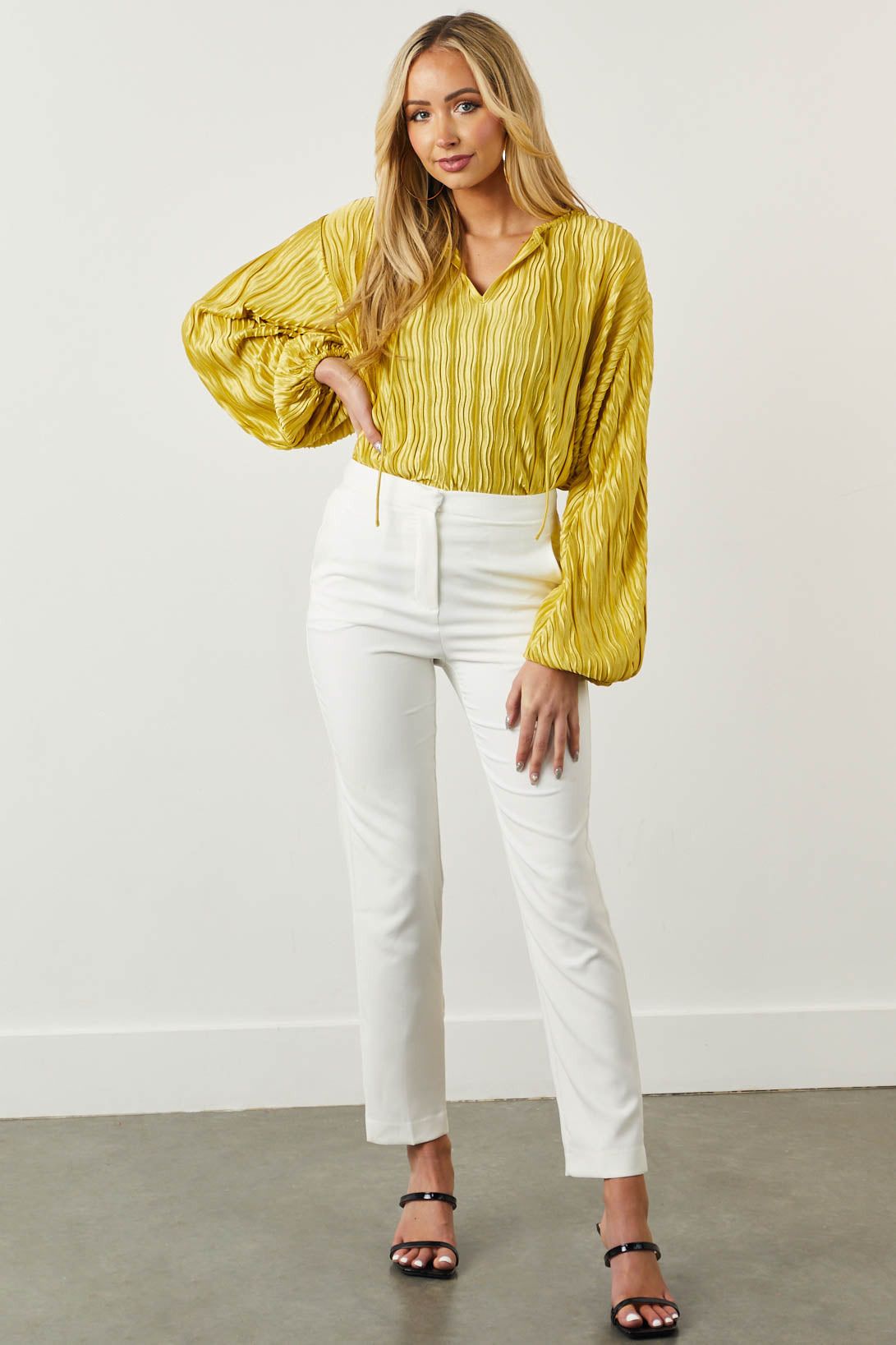 Satin Marigold Long Bubble Sleeve Pleated Blouse