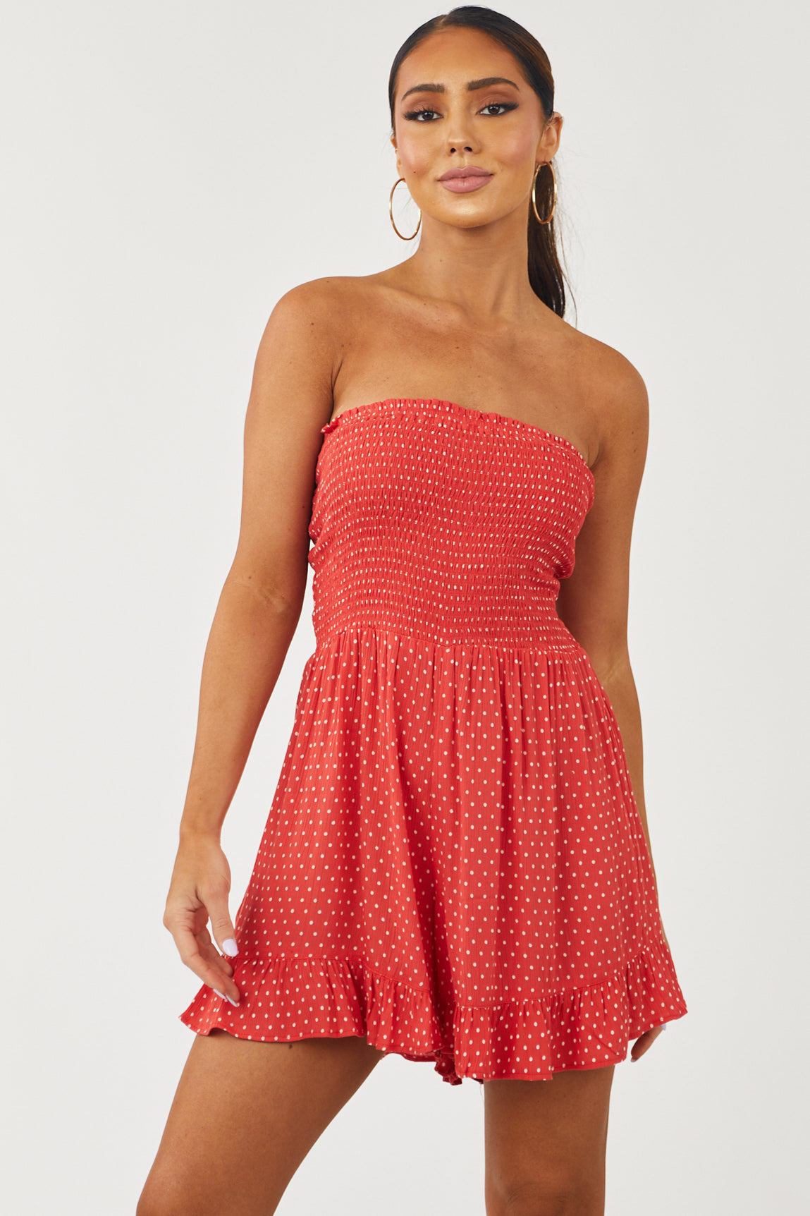 Scarlet Dotted Strapless Ruffle Hem Romper