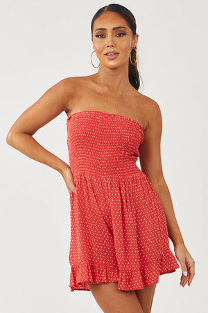 Scarlet Dotted Strapless Ruffle Hem Romper
