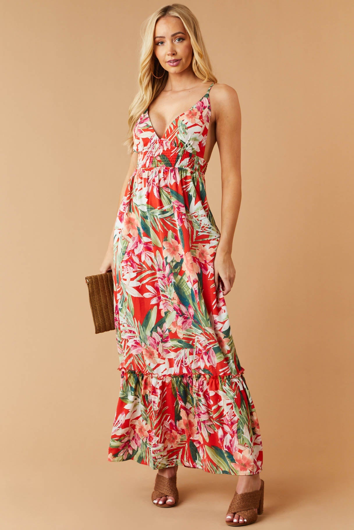Scarlet Floral Print Sleeveless Tiered Maxi Dress