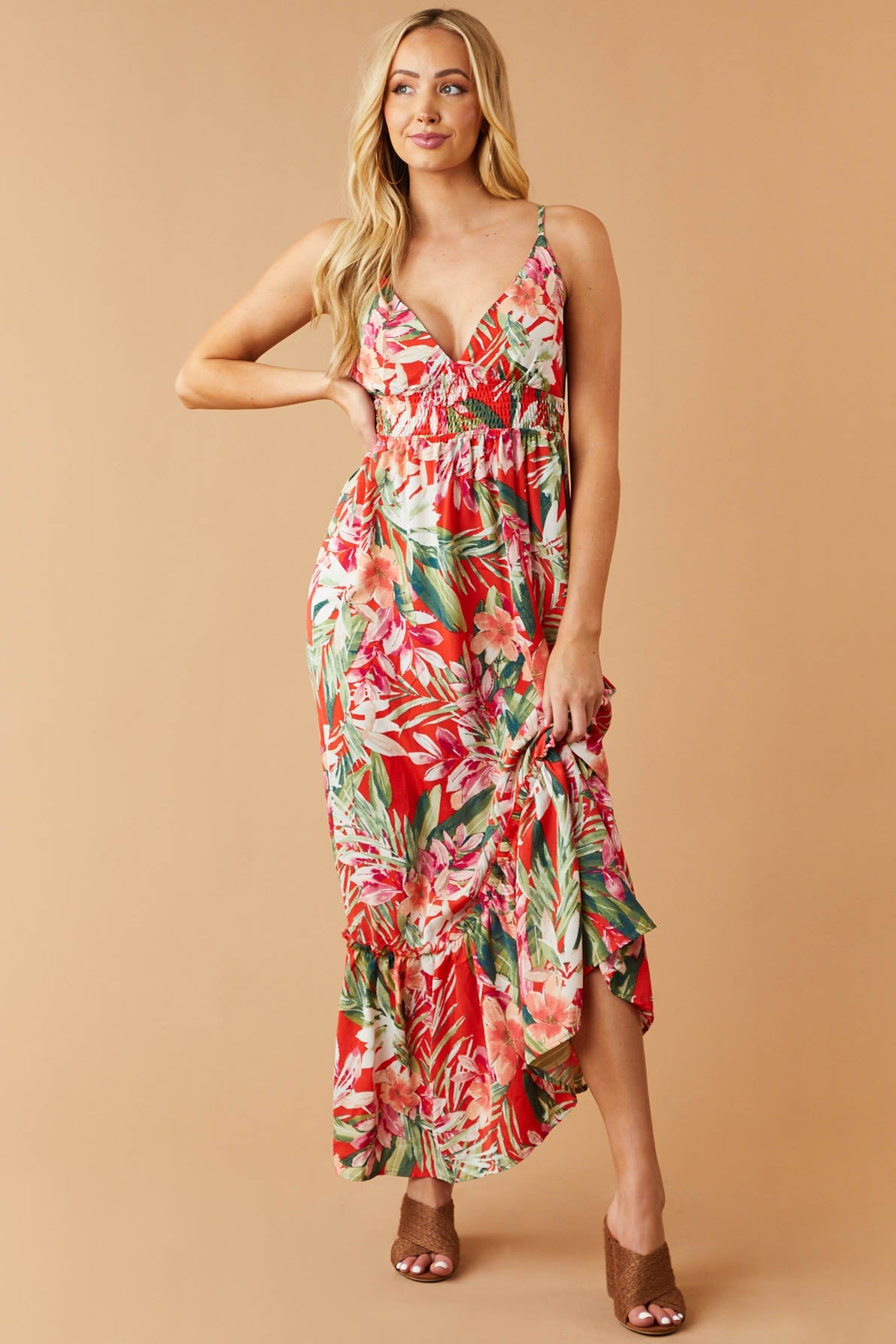 Scarlet Floral Print Sleeveless Tiered Maxi Dress