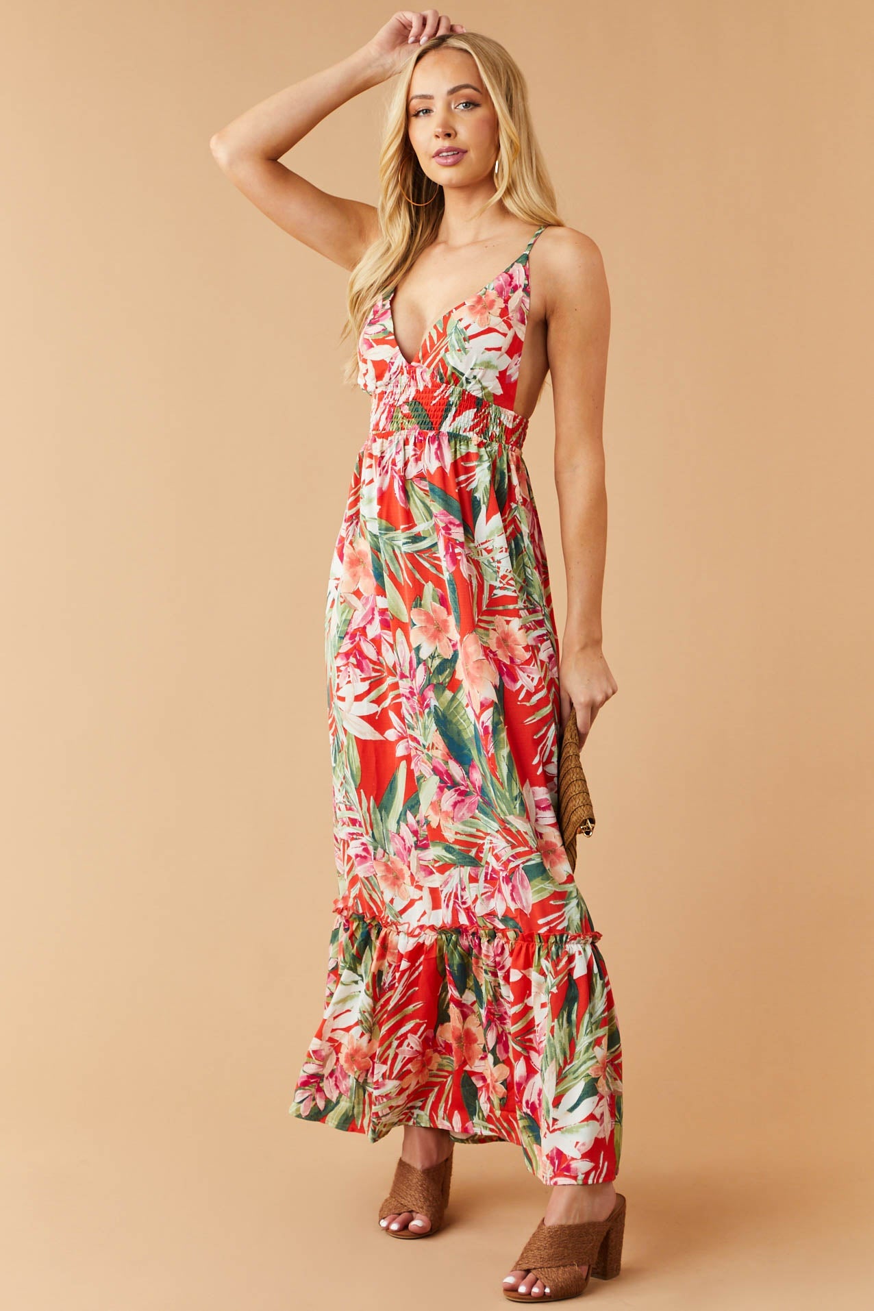 Scarlet Floral Print Sleeveless Tiered Maxi Dress