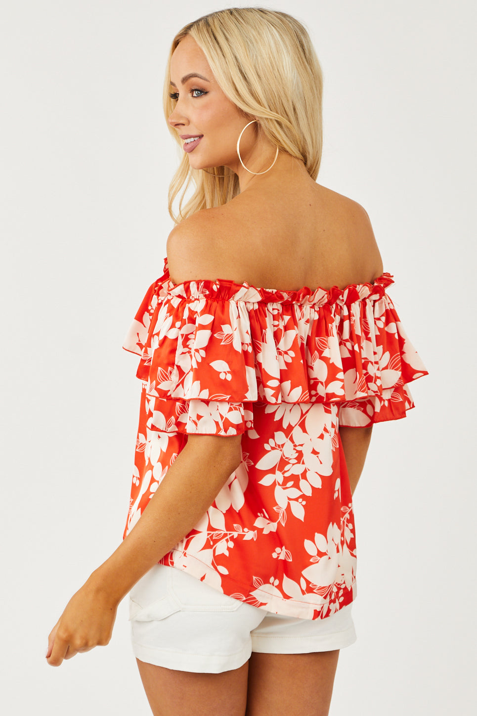 Scarlet Floral Ruffle Off Shoulder Satin Blouse