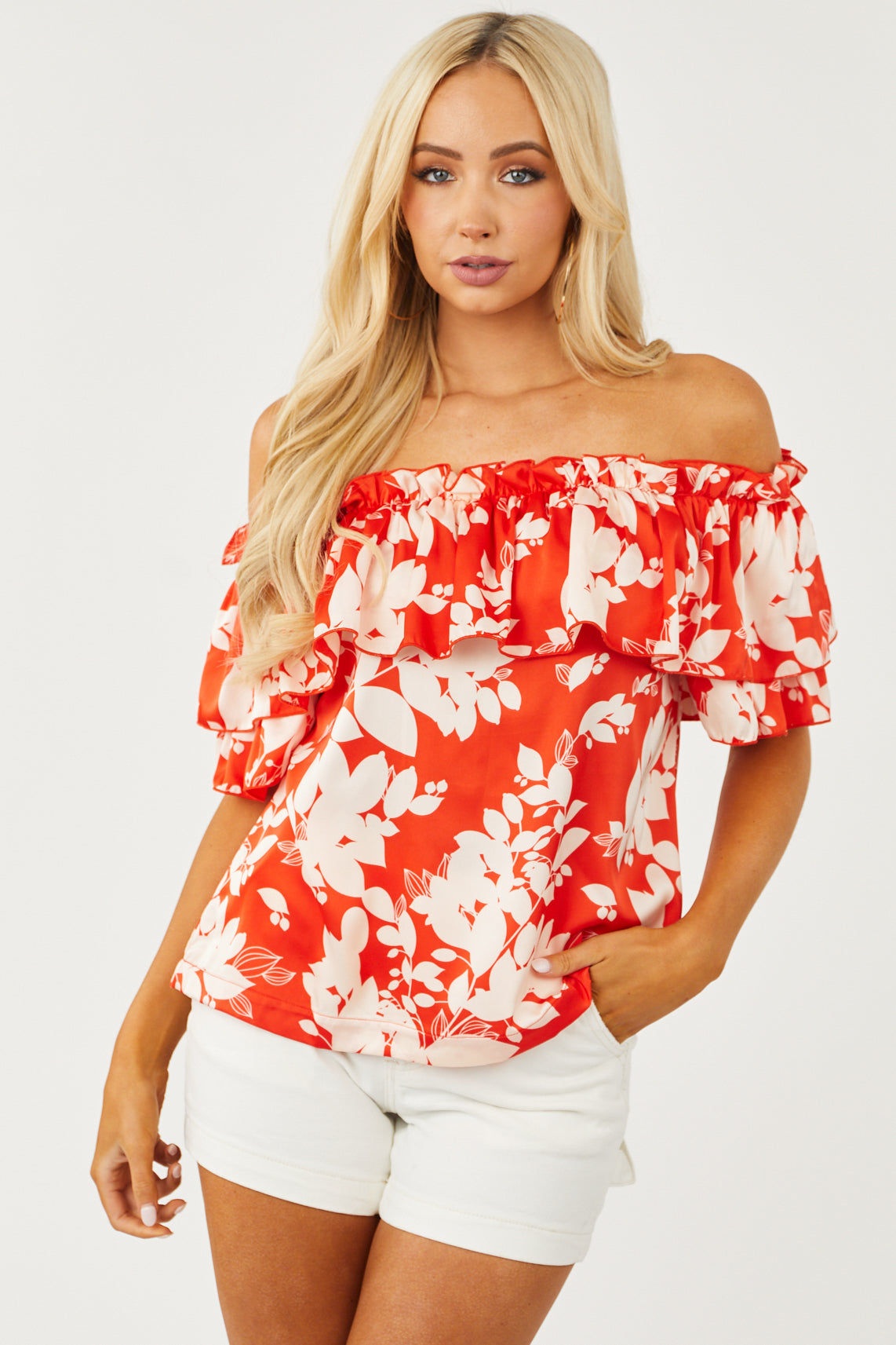 Scarlet Floral Ruffle Off Shoulder Satin Blouse