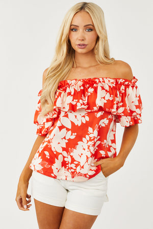 Scarlet Floral Ruffle Off Shoulder Satin Blouse