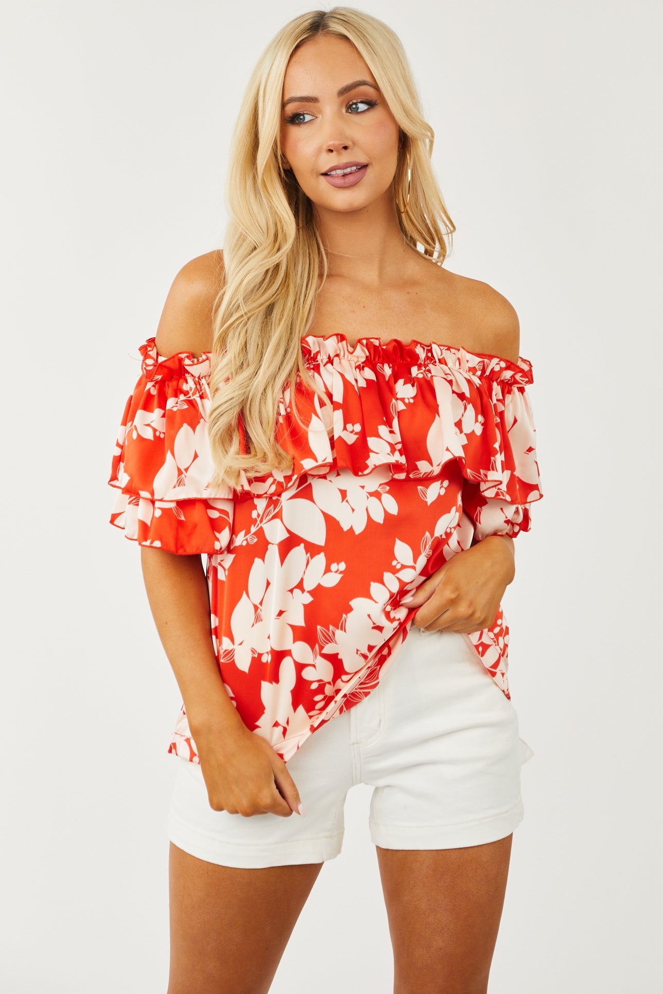 Scarlet Floral Ruffle Off Shoulder Satin Blouse