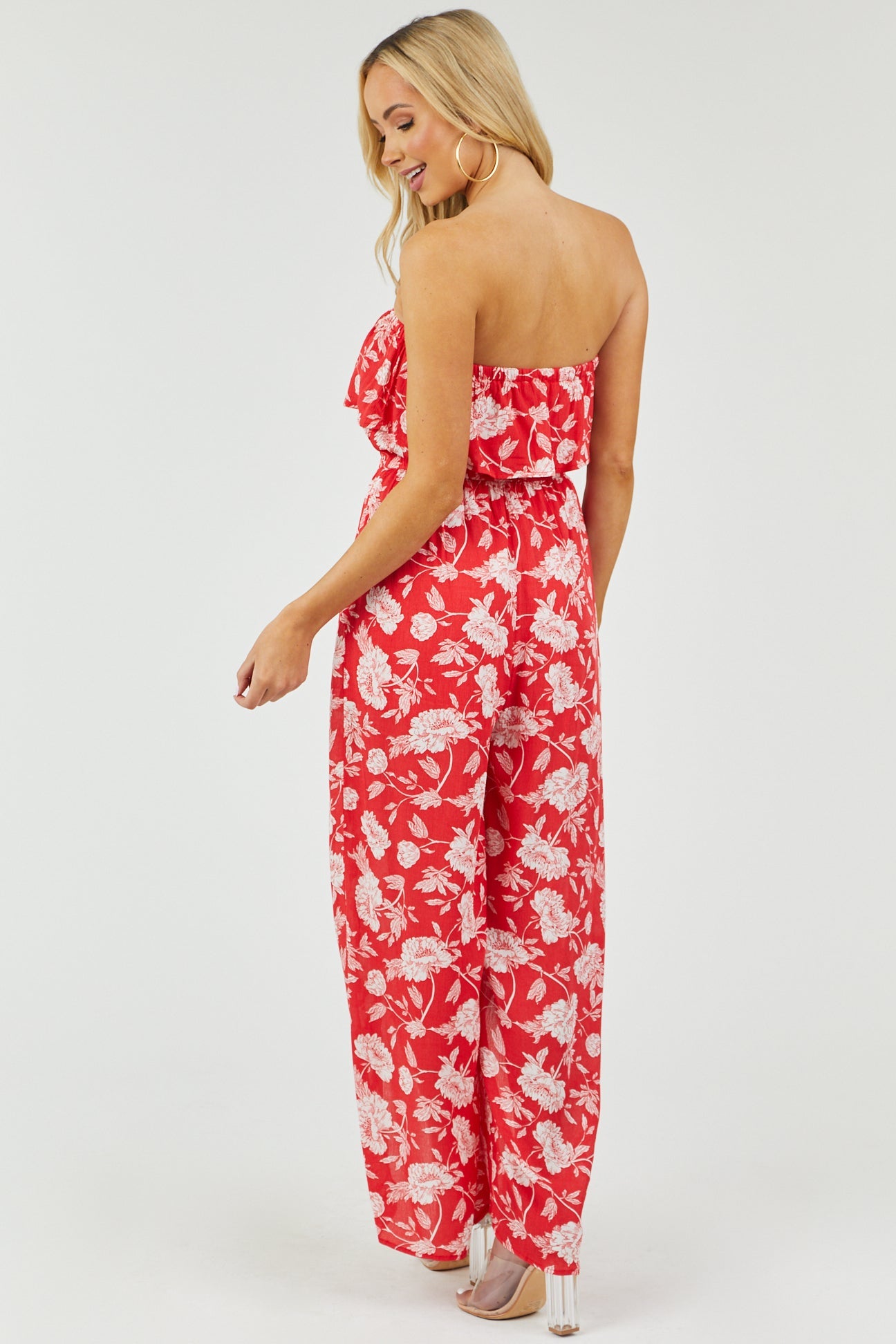 Scarlet Floral Strapless Jumpsuit with Side Slits