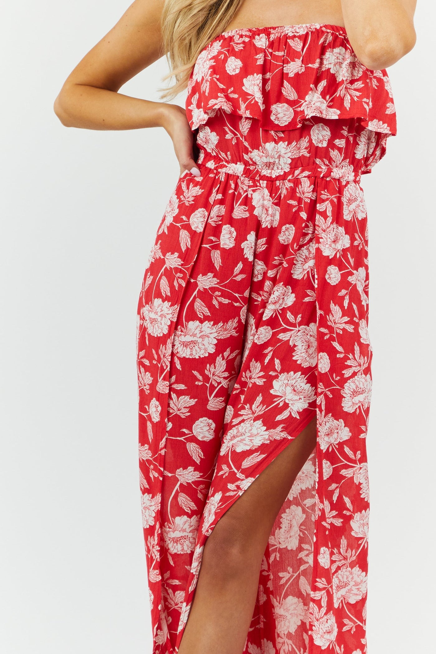 Scarlet Floral Strapless Jumpsuit with Side Slits