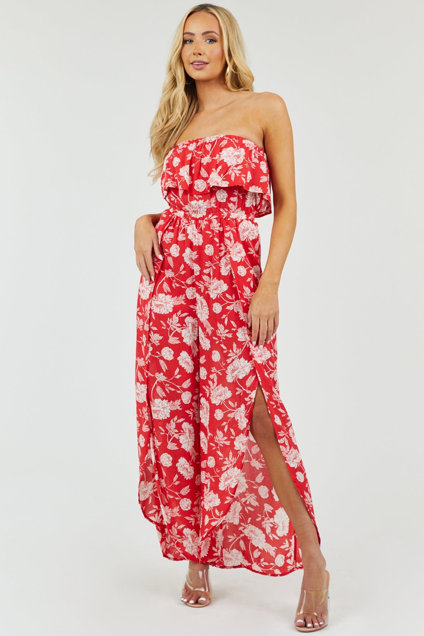Scarlet Floral Strapless Jumpsuit with Side Slits