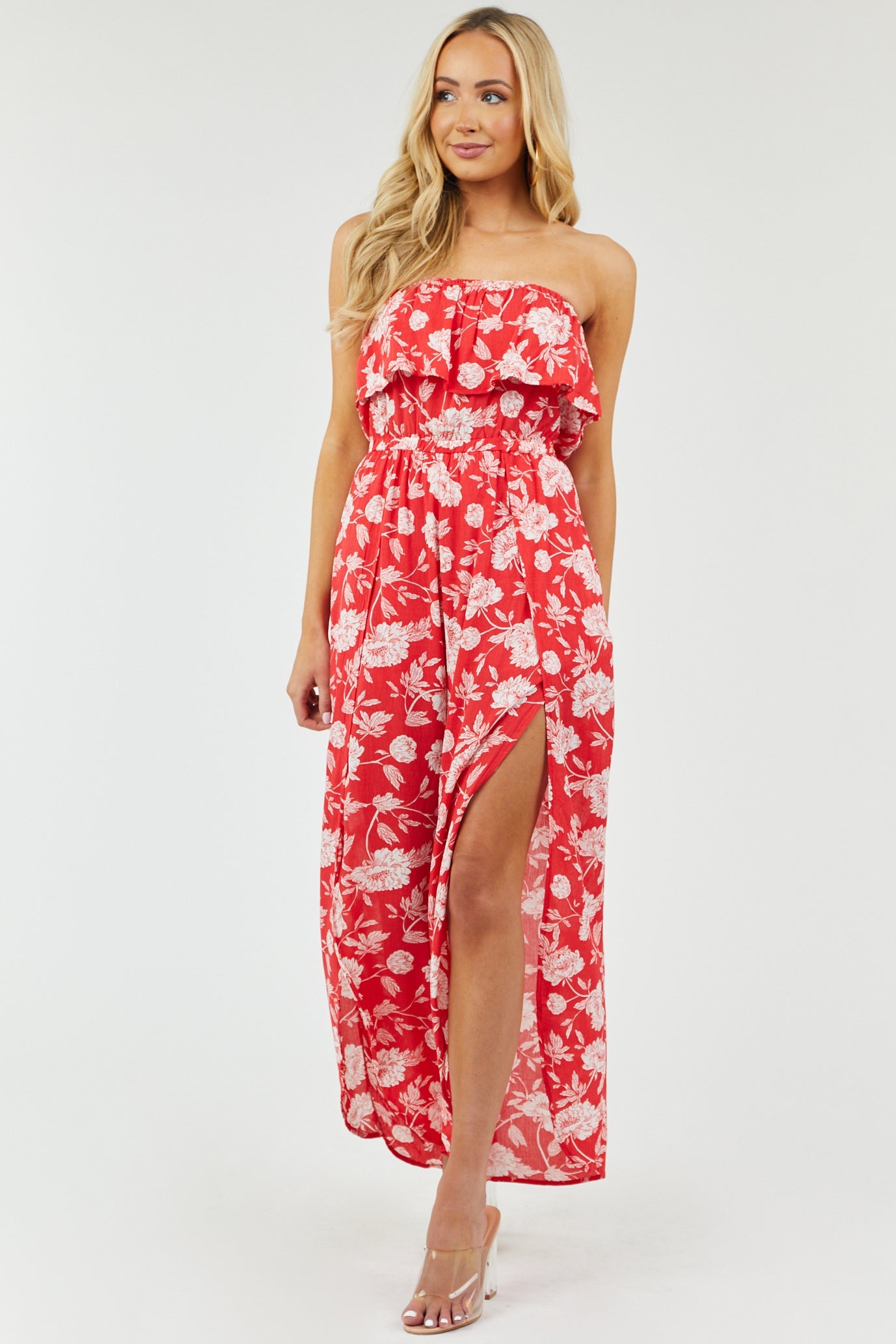 Scarlet Floral Strapless Jumpsuit with Side Slits
