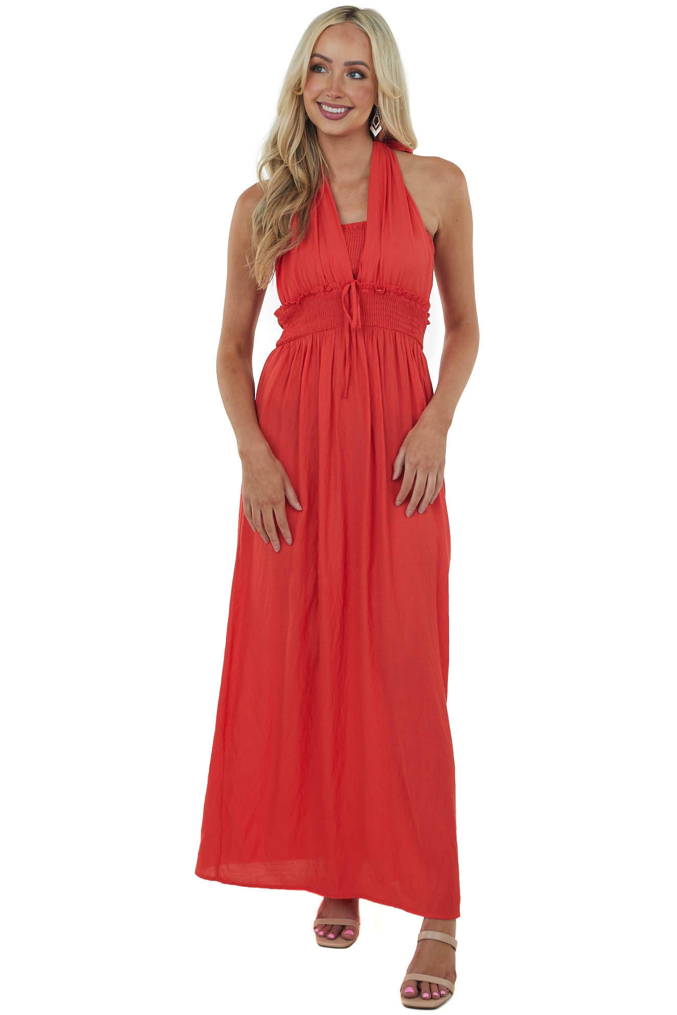 Scarlet Halter Tie Smocked Woven Maxi Dress