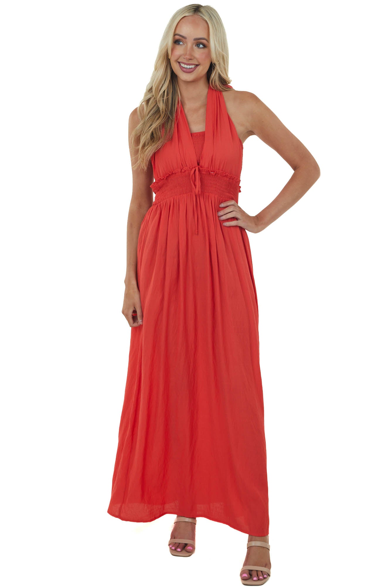 Scarlet Halter Tie Smocked Woven Maxi Dress