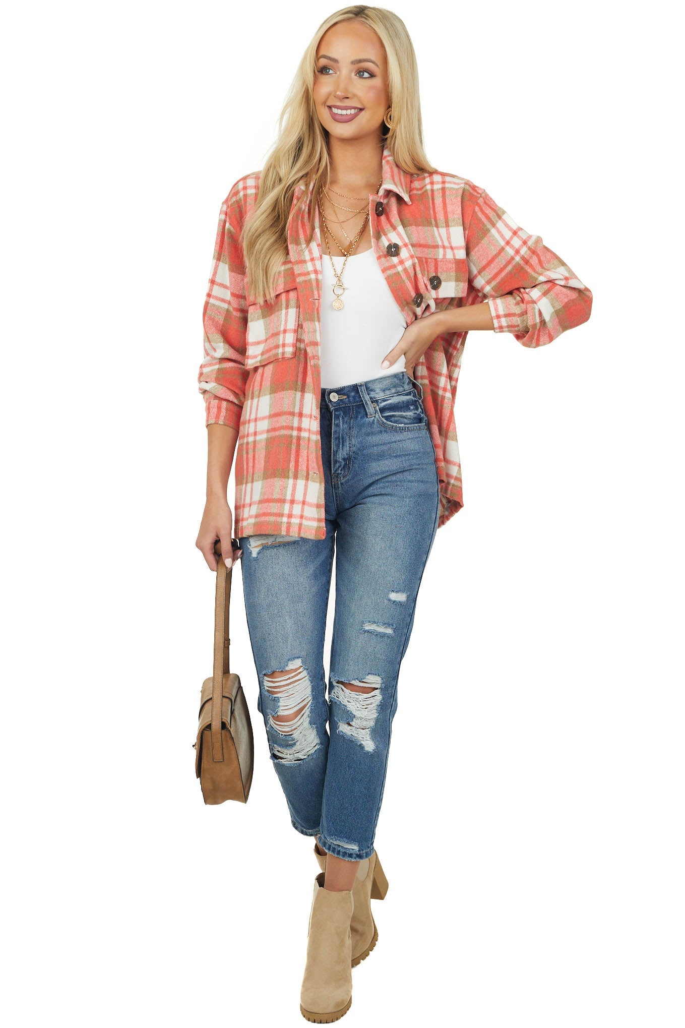 Scarlett Plaid Brushed Button Down Shirt Jacket