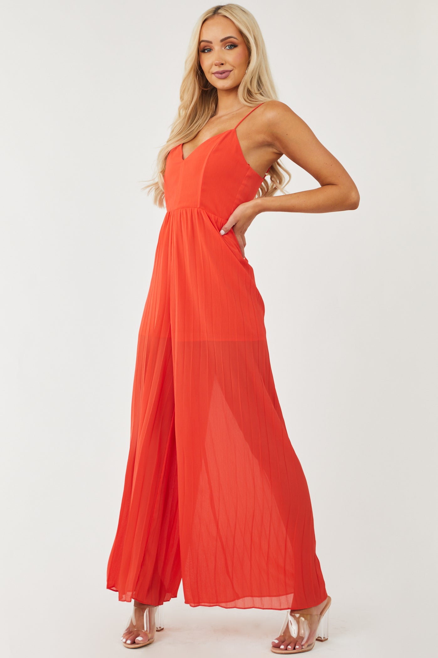 Scarlet Sleeveless Pleated Wide Leg Jumpsuit