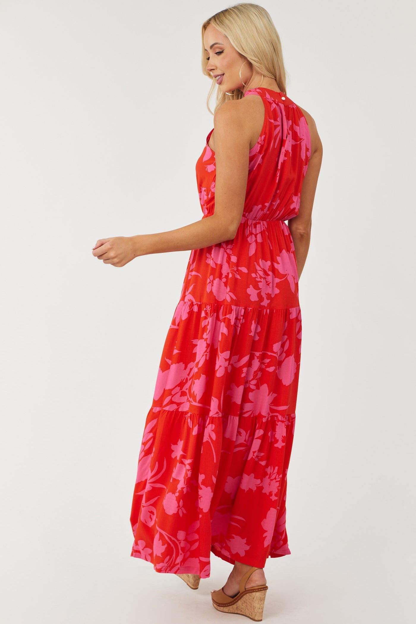 Scarlet and Magenta Floral Print Halter Maxi Dress