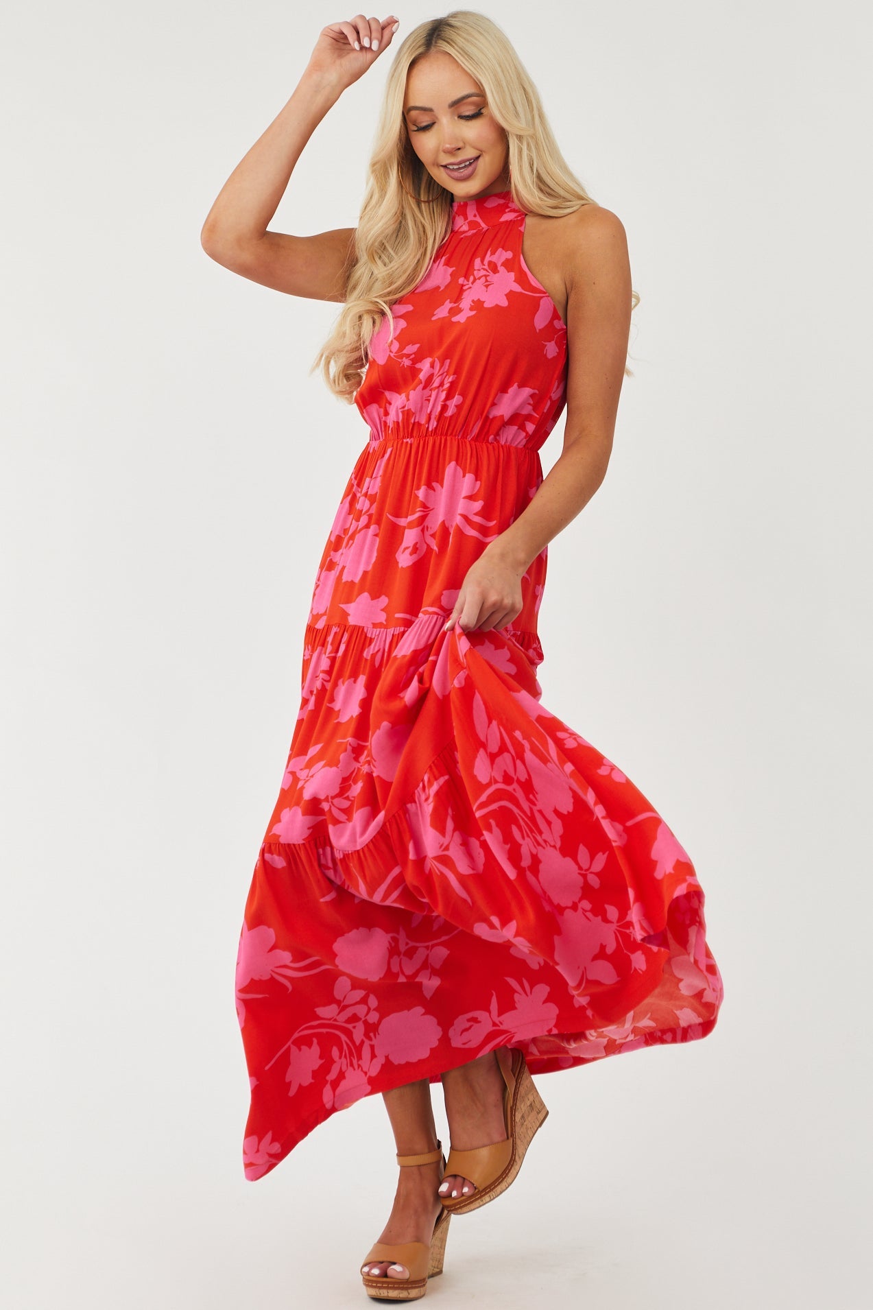 Scarlet and Magenta Floral Print Halter Maxi Dress