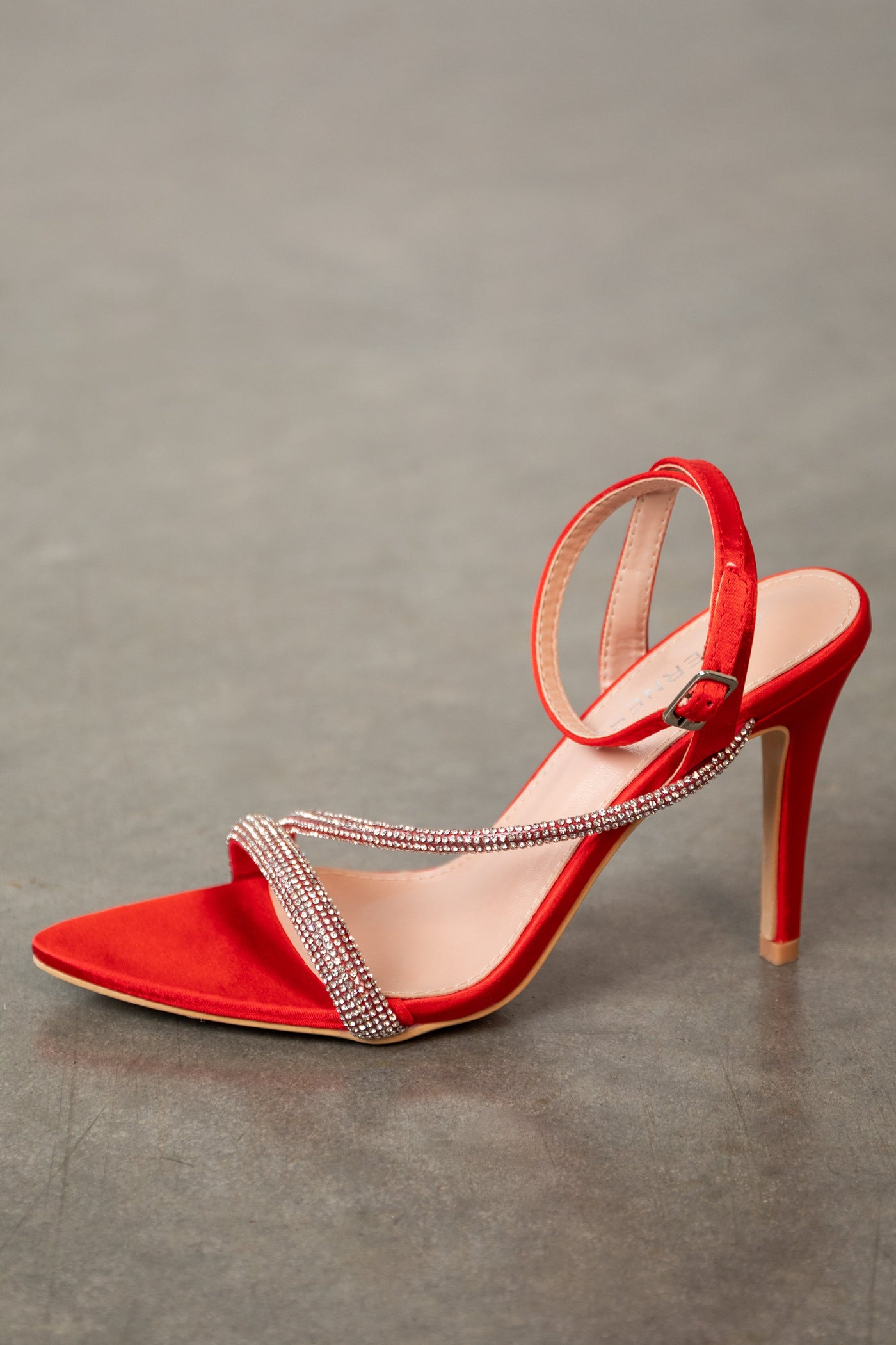 Scarlet Satin Heeled Sandals with Rhinestone Straps