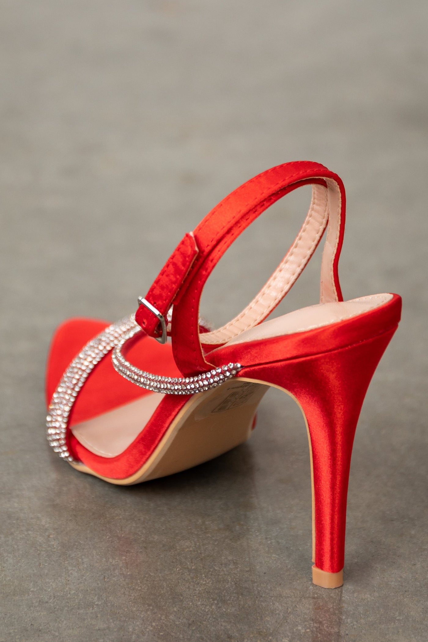 Scarlet Satin Heeled Sandals with Rhinestone Straps