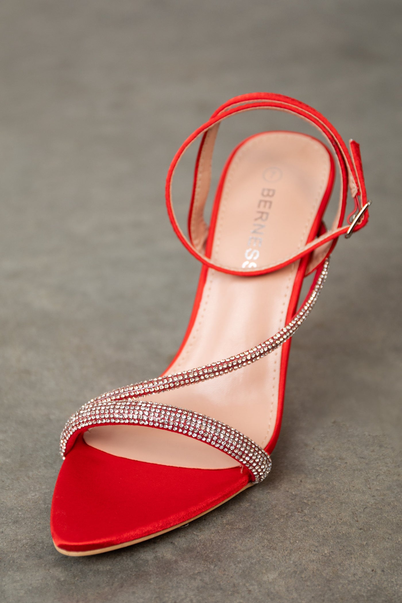 Scarlet Satin Heeled Sandals with Rhinestone Straps