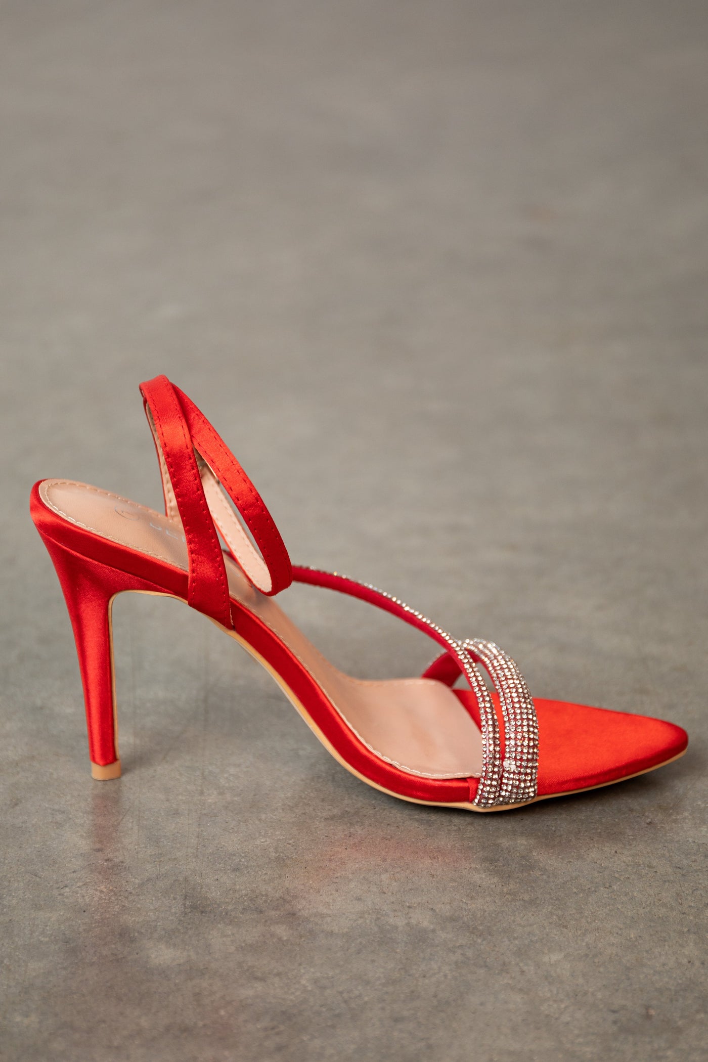 Scarlet Satin Heeled Sandals with Rhinestone Straps