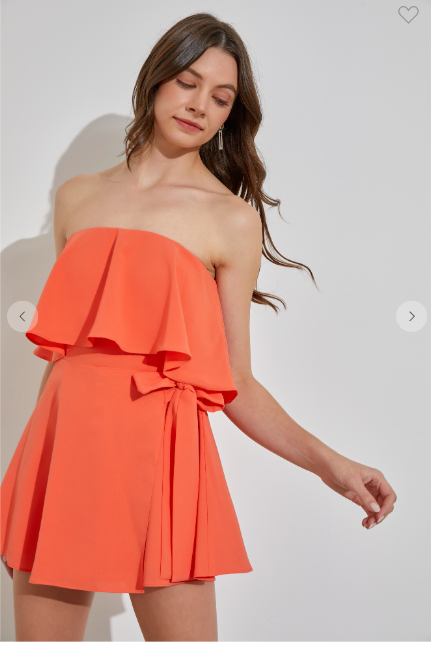 Papaya Strapless Side Tie Ruffle Overlay Romper