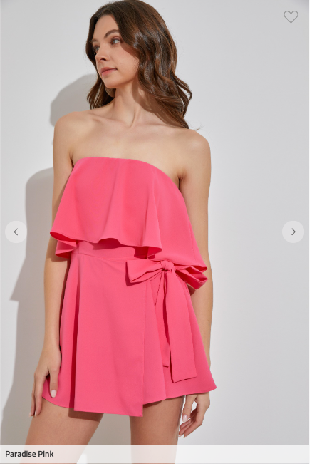 Watermelon Strapless Side Tie Ruffle Overlay Romper