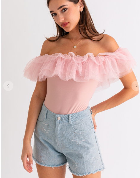 Blush Off the Shoulder Ruffle Mesh Bodysuit