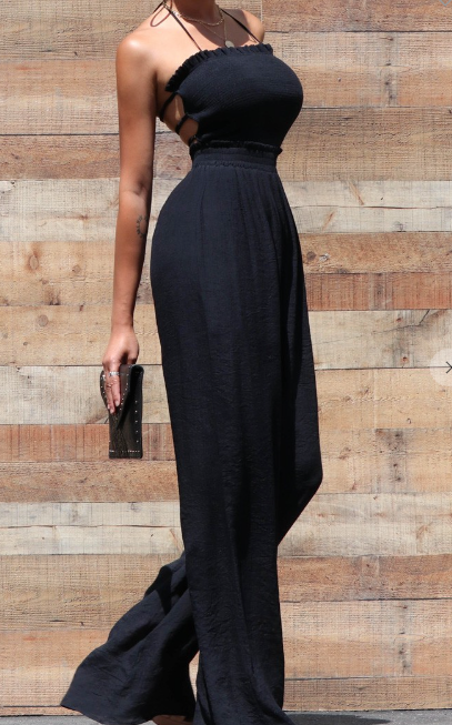 Black Smocked Halter Neck Woven Jumpsuit
