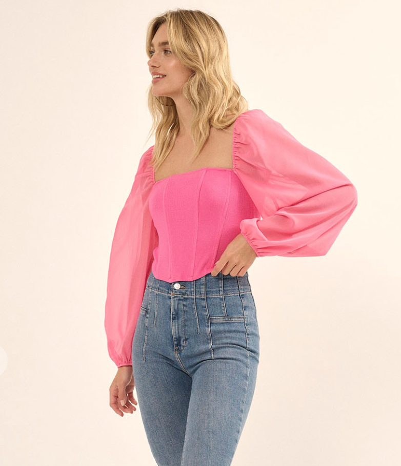 Raspberry Long Sleeve Square Neck Corset Top
