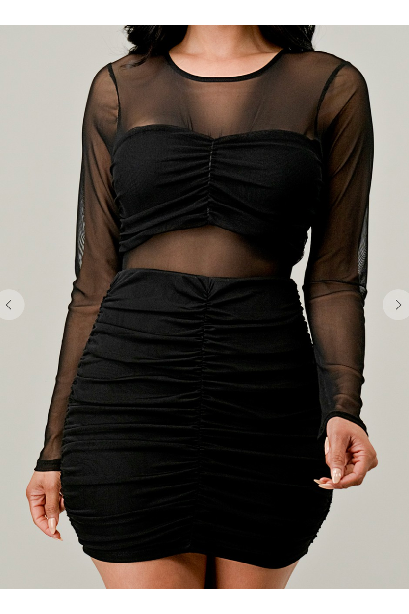 Black Mesh Long Sleeve Ruched Mini Dress