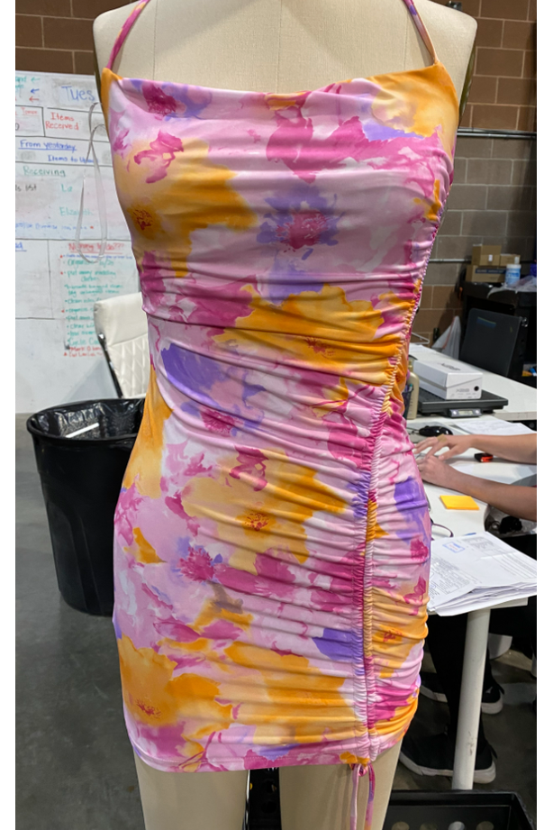 Magenta Floral Print Halter Neck Mini Dress