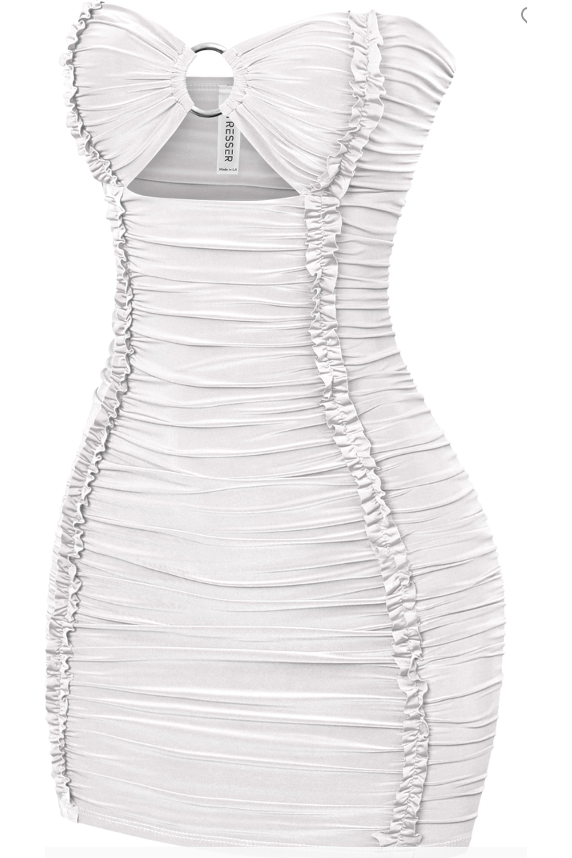 Ivory Strapless Ruched Cut Out Bodycon Mini Dress